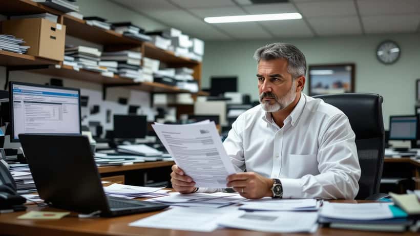 Empresário português a analisar notificações fiscais da AT em escritório de empresa de transportes