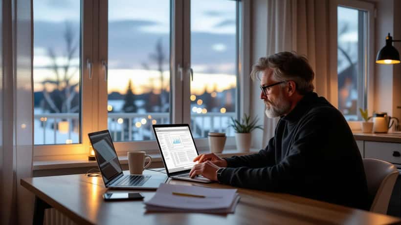 Mies tarkastelee sähkölaskua ja hintakäyriä keittiönpöydän ääressä talvi-iltana