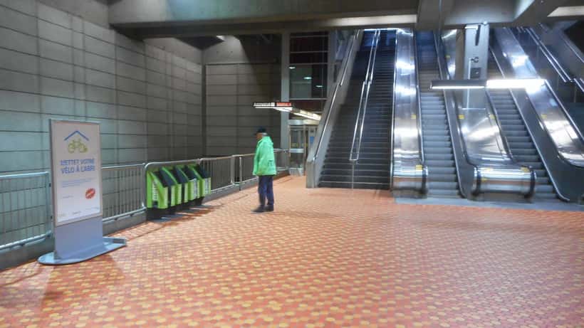 Interior of Lionel-Groulx metro station in Montreal showing transfer platforms between Orange and Green lines