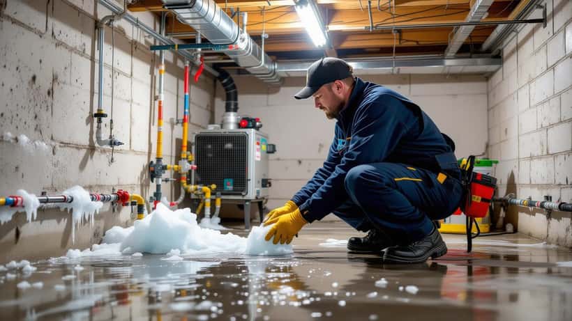 Heizungsinstallateur prüft eingefrorene Wasserleitungen in einem deutschen Keller im Winter 2026