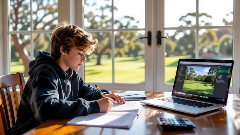 Australian student writing golf scores as positive and negative numbers in a maths book beside a laptop showing The Open leaderboard