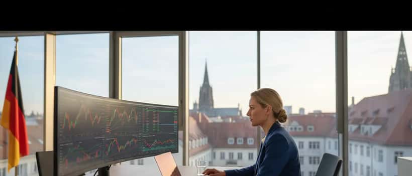 Deutscher Finanzberater in modernem Büro analysiert Aktienportfolio auf Bildschirm