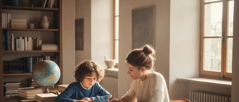 Bambino italiano con insegnante privato che studia a casa con libri aperti sul tavolo