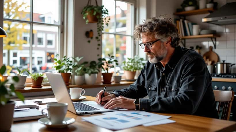 Freelance artiest herberekent zijn inkomen aan een keukentafel in Amsterdam na het wegvallen van een televisiecontract