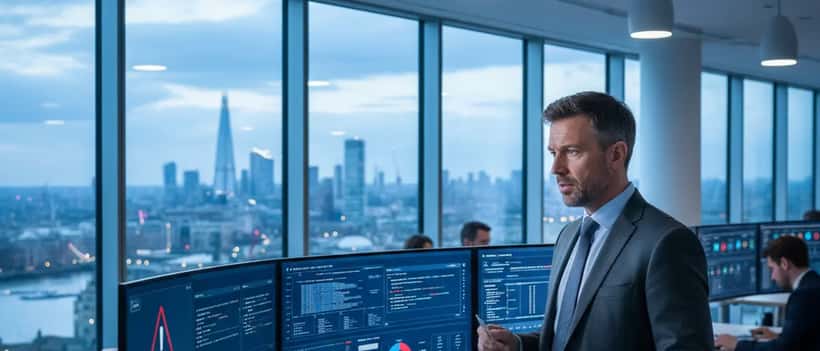 British IT professional in a London office analysing cybersecurity dashboards showing AI deepfake alerts, city skyline in background