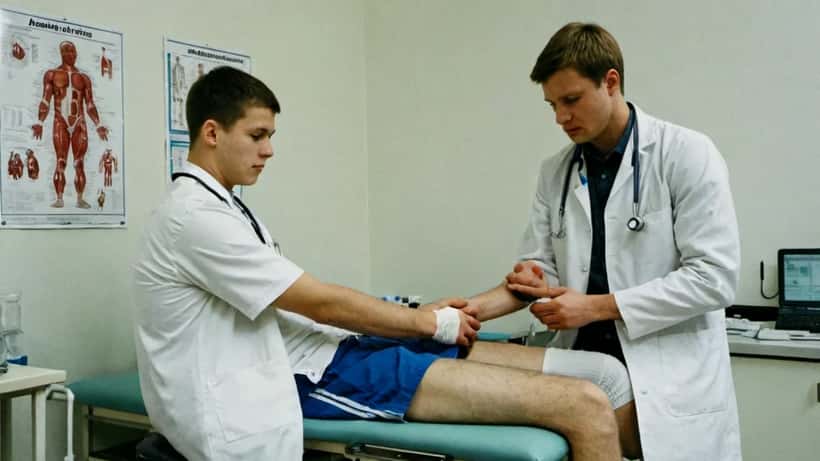 Urheilulääkäri tutkii urheilijan vammoja vastaanotolla