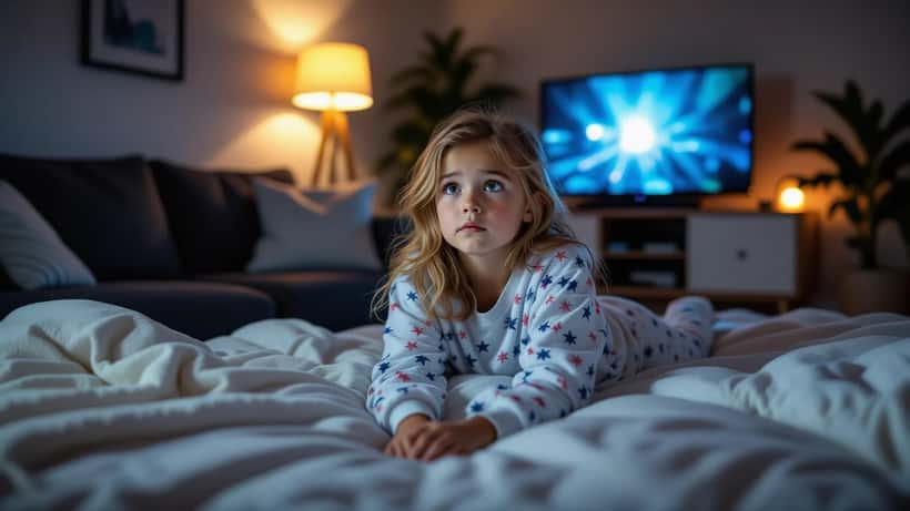 Barn tittar skrämt på TV-skärm med blått ljus i mörkt rum