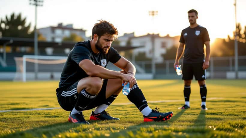Jogador amador de futebol a segurar a coxa com dor num campo municipal em Lisboa, pré-época agosto 2026