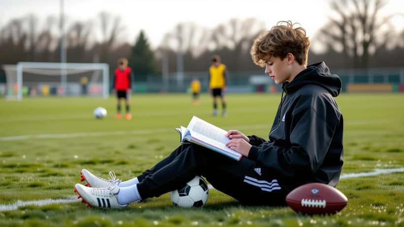 Jovem jogador de futebol a estudar com livros e uma bola junto ao relvado de uma academia