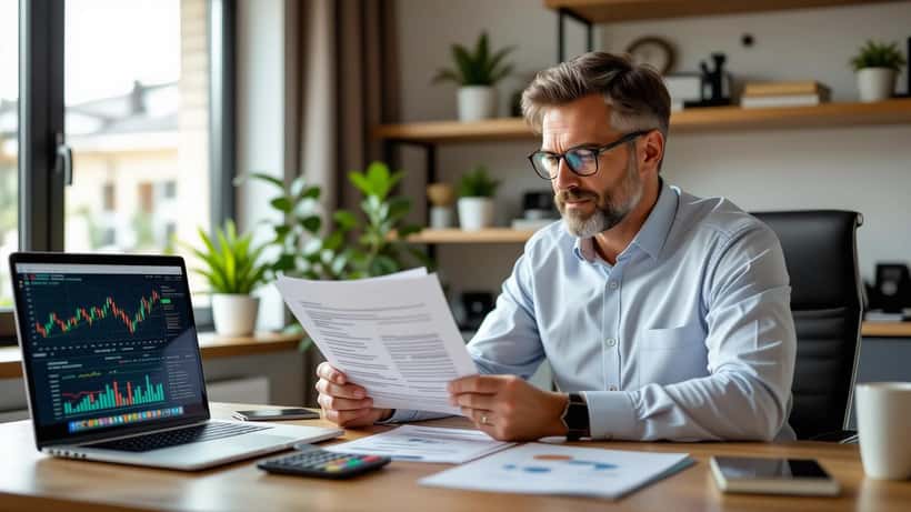 Mann prüft Rentenunterlagen und ETF-Portfolio am Laptop in heimischem Büro