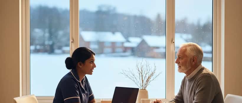 UK GP consulting elderly patient about winter health risks during snow warning