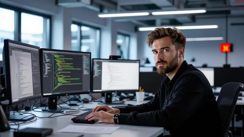 IT-consultant analyseert AI-risico op laptop-werkplek in modern kantoor Amsterdam na waarschuwing Coxon