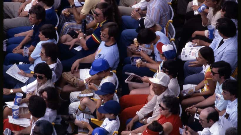Packed baseball stadium crowd during an MLB game