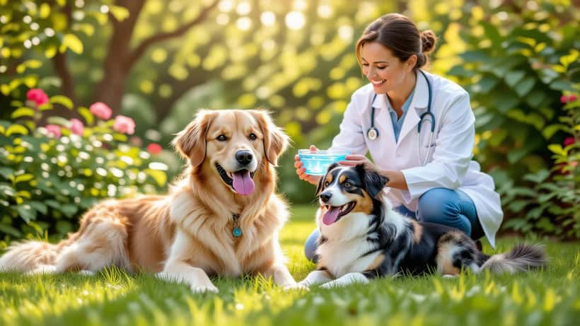 Hund und Katze ruhen nach der Hitzewelle im Schatten, Tierarzt im Hintergrund