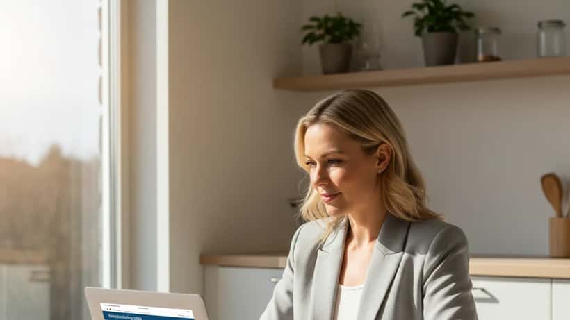 Kvinna granskar sin skattedeklaration vid köksbordet i ett modernt stockholmslägenhet på våren