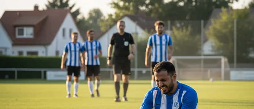 Amateurfußballspieler hält sich das Knie nach einer Verletzung auf dem Rasenplatz