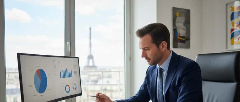 Conseiller en gestion de patrimoine analysant un dossier d'épargne salariale dans un bureau parisien