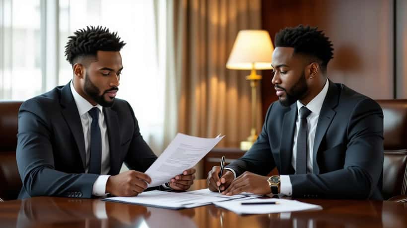 Atleta jovem revisando contrato esportivo com advogado em escritório