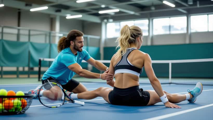 Physical therapist guiding a tennis player through a lower-back mobility exercise beside an indoor court