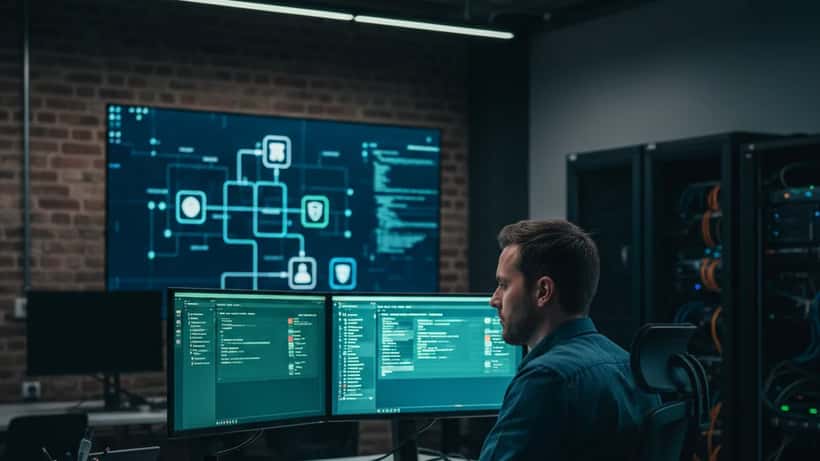 IT-Sicherheitsexperte prüft Streaming-Plattform Kick auf Datenschutzrisiken in einem Münchener Büro