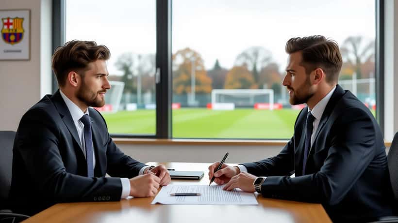 A young footballer negotiating a contract with an agent and lawyer in a club office