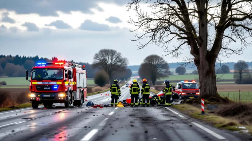 Route départementale au crépuscule avec gyrophares des secours après un accident de voiture en Alsace