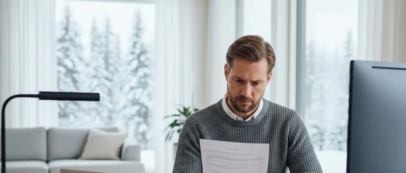 Svensk man i 40-årsåldern granskar finansdokument och bolåneavtal vid hemmakontor med nordisk inredning