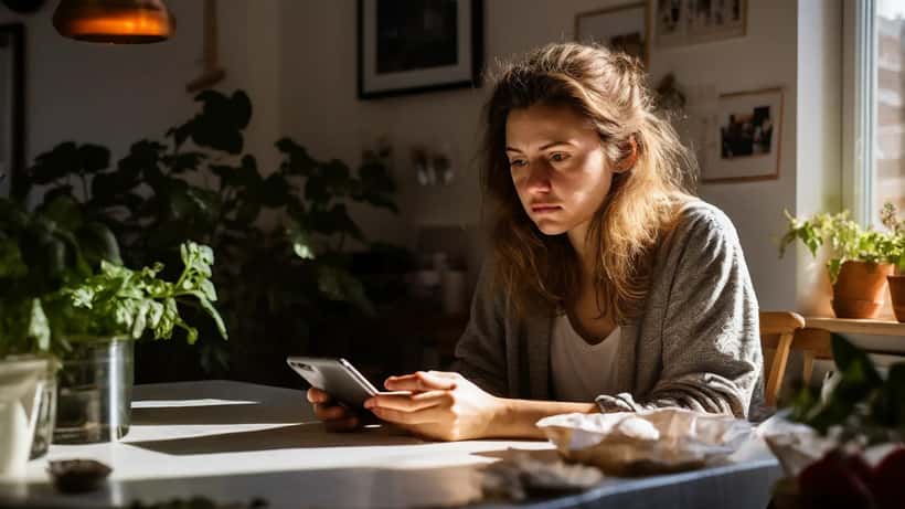 Junge Frau blickt nachdenklich auf ihr Smartphone am Küchentisch — Familienkonflikte und psychologische Beratung