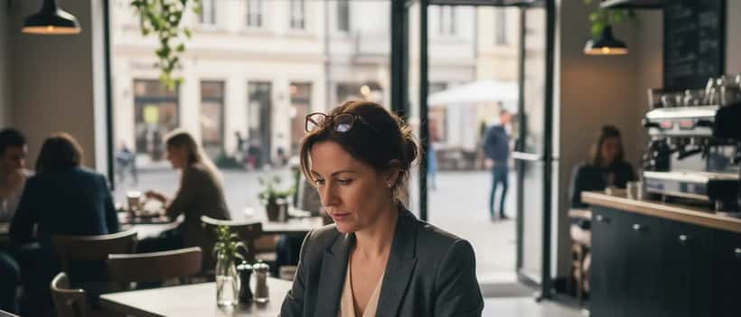 Deutscher Gastronom prüft Steuerunterlagen an einem Restauranttisch mit Laptop