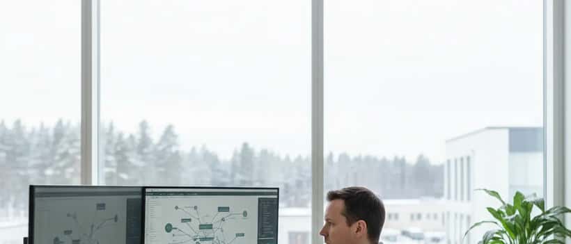 Suomalainen IT-turvallisuusasiantuntija modernissa toimistossa Helsingissä kyberturvallisuusnäyttöjen äärellä