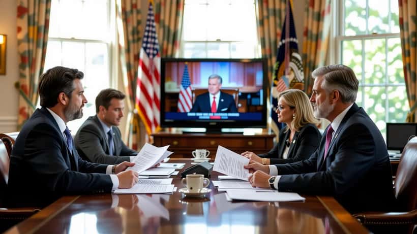 Congressional staffers reviewing War Powers Resolution documents at a committee room table in Washington, D.C.