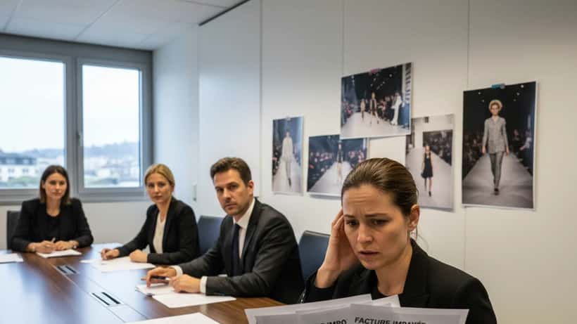 Salle de conférence à Zurich avec documents juridiques et factures liées à un litige d'événement