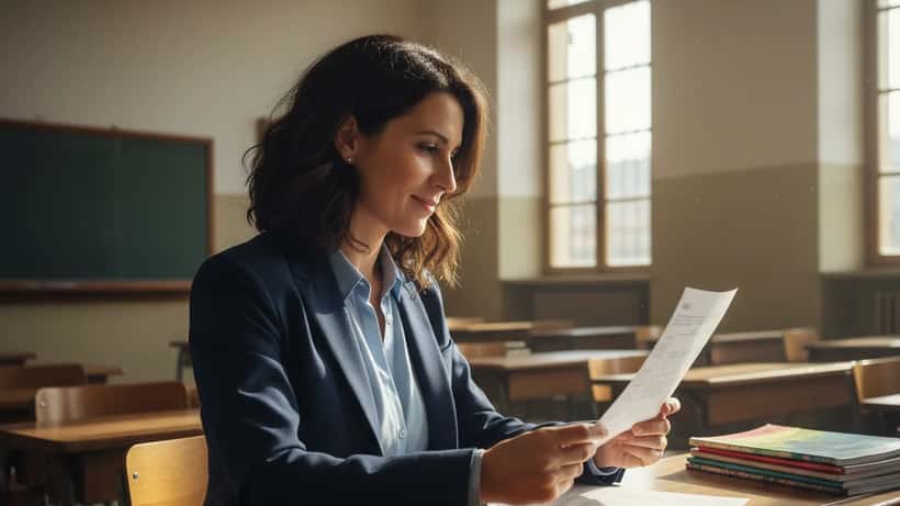 Insegnante italiana legge il cedolino con aumento contrattuale in un'aula scolastica di Torino