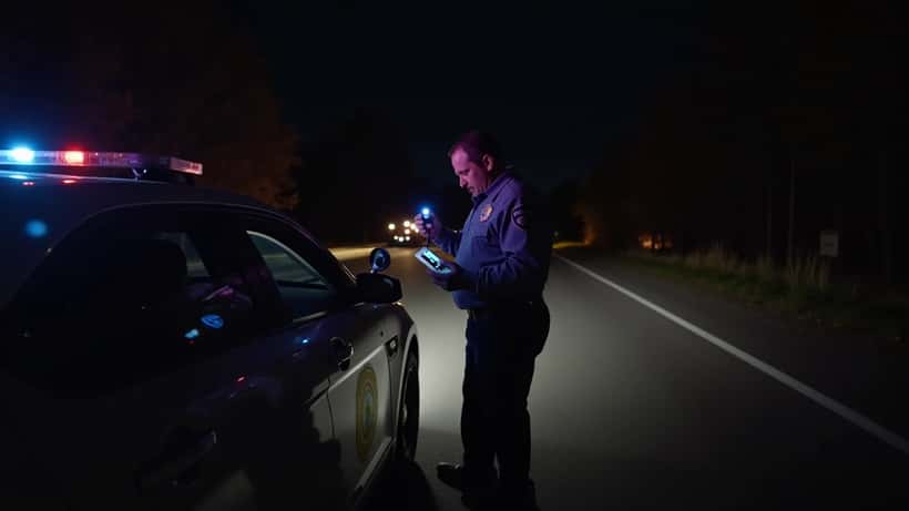 Agent de la Police provinciale de l'Ontario lors d'un contrôle routier de nuit