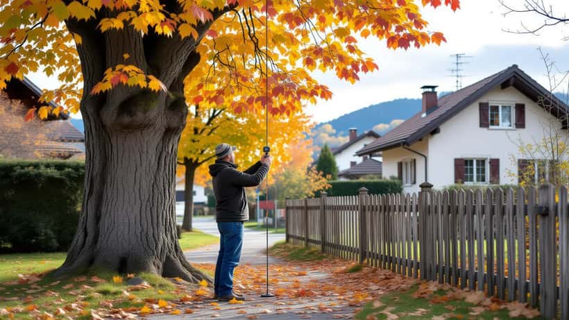Propriétaire suisse mesurant la distance entre un hêtre et la limite de propriété dans un jardin résidentiel en Argovie, Suisse