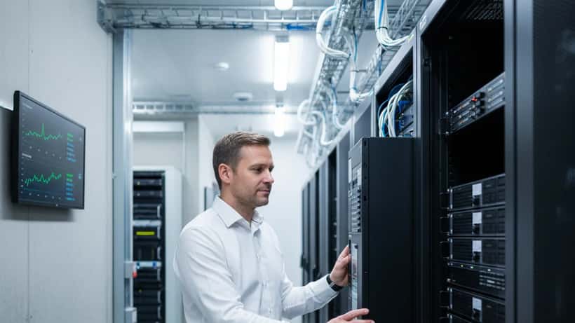 IT-ingenjör i ett Stockholmsföretags serverrum som kontrollerar UPS och beredskapsystem