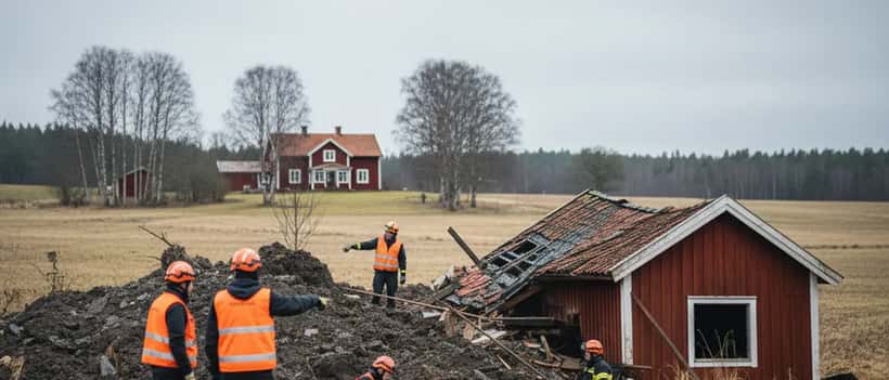 Skadat lantbruk efter jordskred i Rödbo på Hisingen, Göteborg, mars 2026