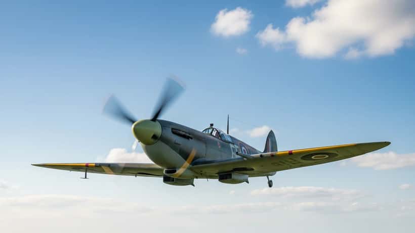 Supermarine Spitfire flying over English countryside during 90th anniversary tour