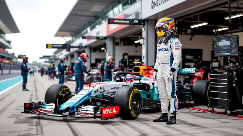 Jonge Formule 2-coureur in racepak naast zijn eenzitter in de pitstraat, monteurs op de achtergrond