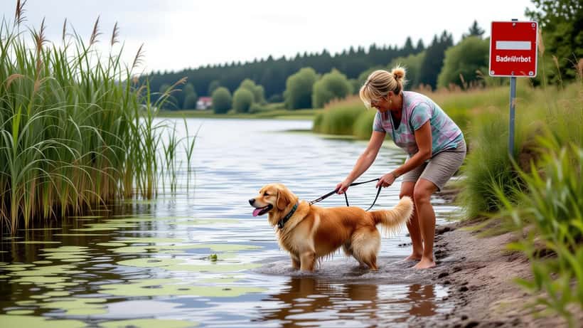 Hund am Seeufer mit Blaualgen-Algenmasse und Badeverbotsschild im Hintergrund, Bayern Sommer 2026