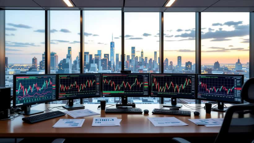Financial advisor reviewing declining stock market charts on multiple trading monitors during June 2026 AI chip selloff