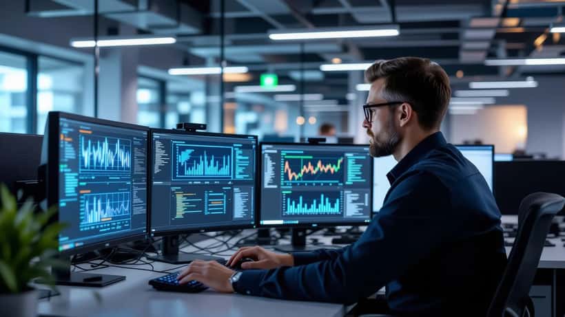 IT security analyst reviewing MI5 threat dashboard in London office showing network intrusion alerts