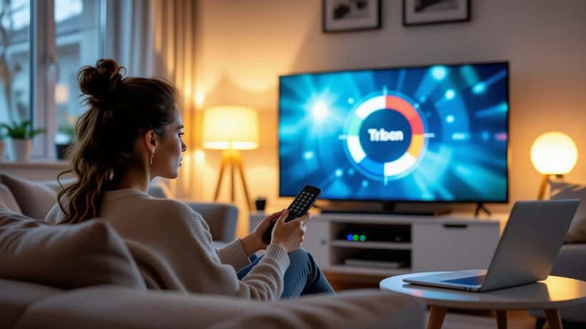 Woman frustrated on sofa holding TV remote as smart TV shows BBC Sport buffering spinner, Wi-Fi router and laptop visible in living room