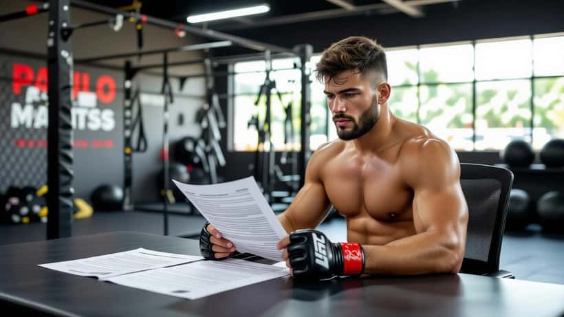 Lutador brasileiro de MMA revisa contrato em academia de São Paulo com octógono ao fundo