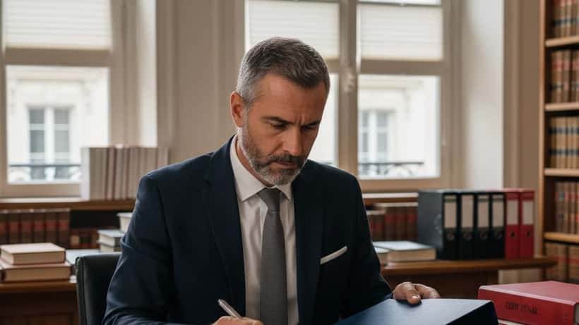 Un avocat français en costume marine consulte un dossier judiciaire épais dans son bureau parisien