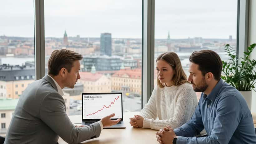 Svensk finansiell rådgivare visar bolåneräntor på laptop för ett par i ett modernt Stockholmskontor
