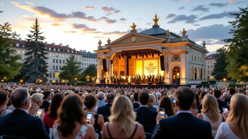 Konzertbesucher vor dem Theater im Park Wien bei einem Sommerabend