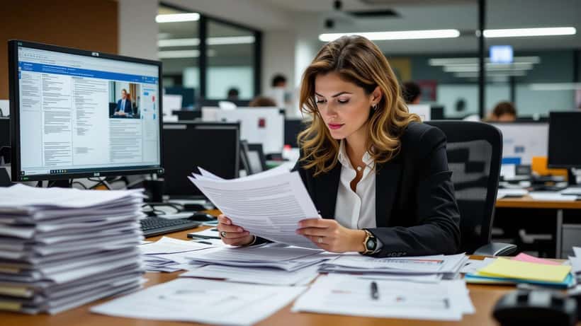 Giornalista investigativa italiana che esamina documenti legali in una redazione milanese