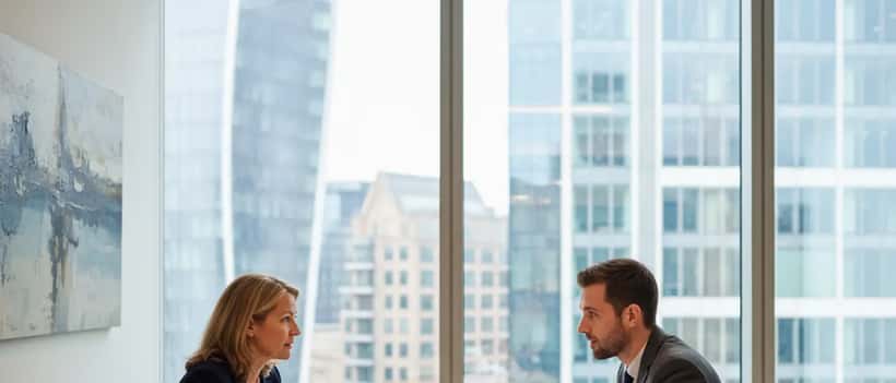 British employment lawyer consulting client in modern London office, documents and laptop
