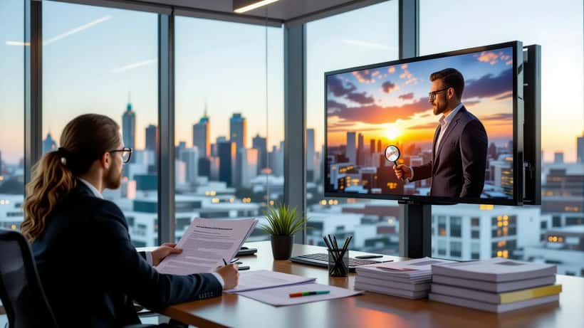 Intellectual-property lawyer examining a billboard advertisement and an image-rights release contract in a Sydney office